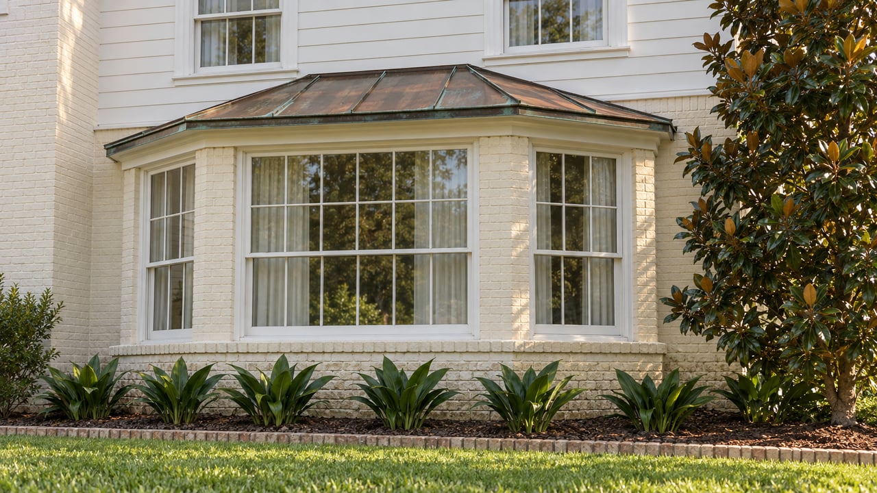 Cream brick home with a copper-roofed window bay, white sash windows, magnolia and neatly edged lawn.