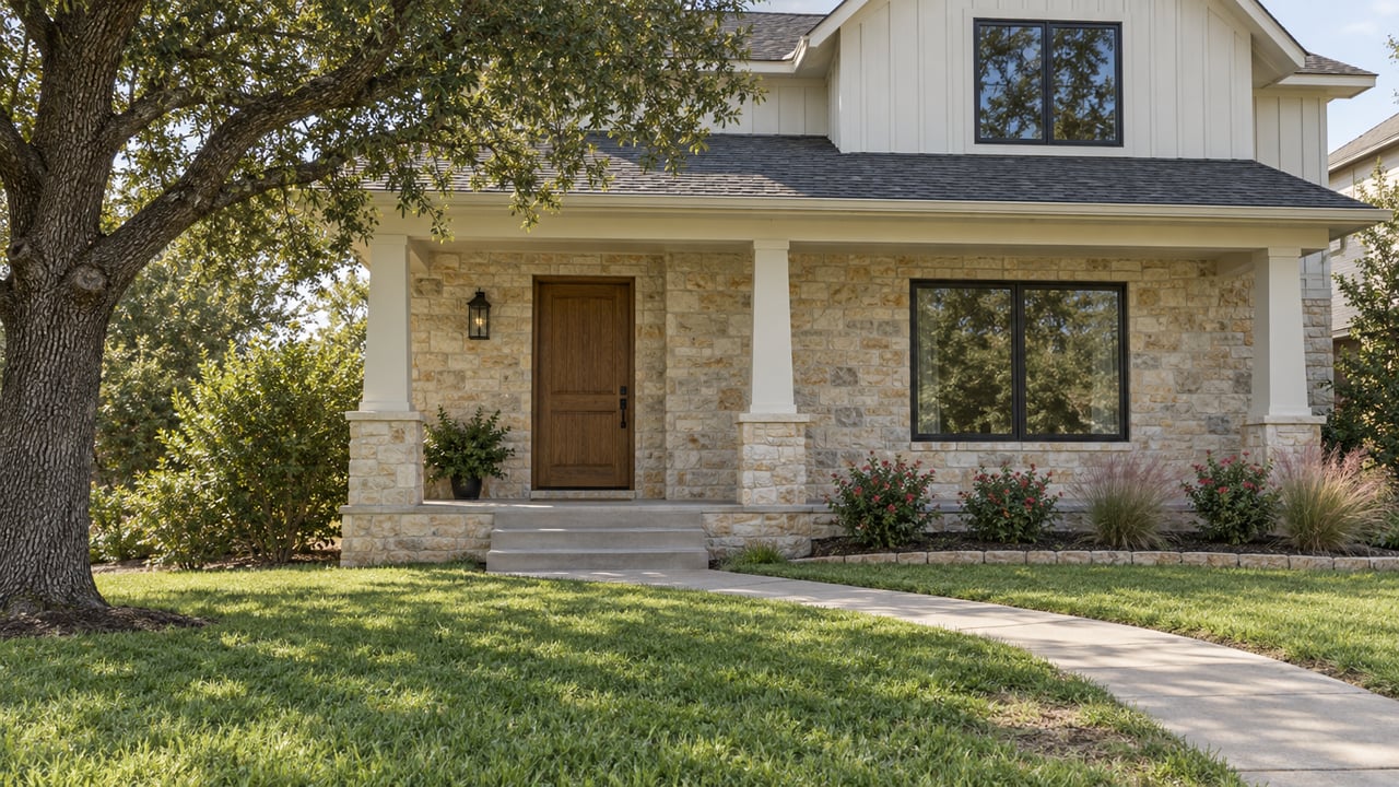 A stone and ivory-sided home with a shaded porch, oak door, broad front lawn and flowering garden bed.