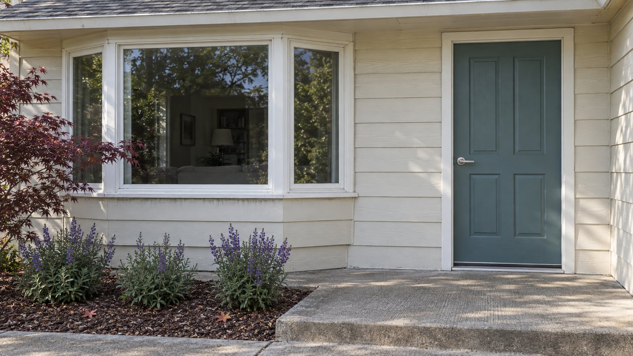 Cream-sided single-story home with a white-framed bay window, muted teal entry door, weathered concrete approach and a burgundy Japanese maple.