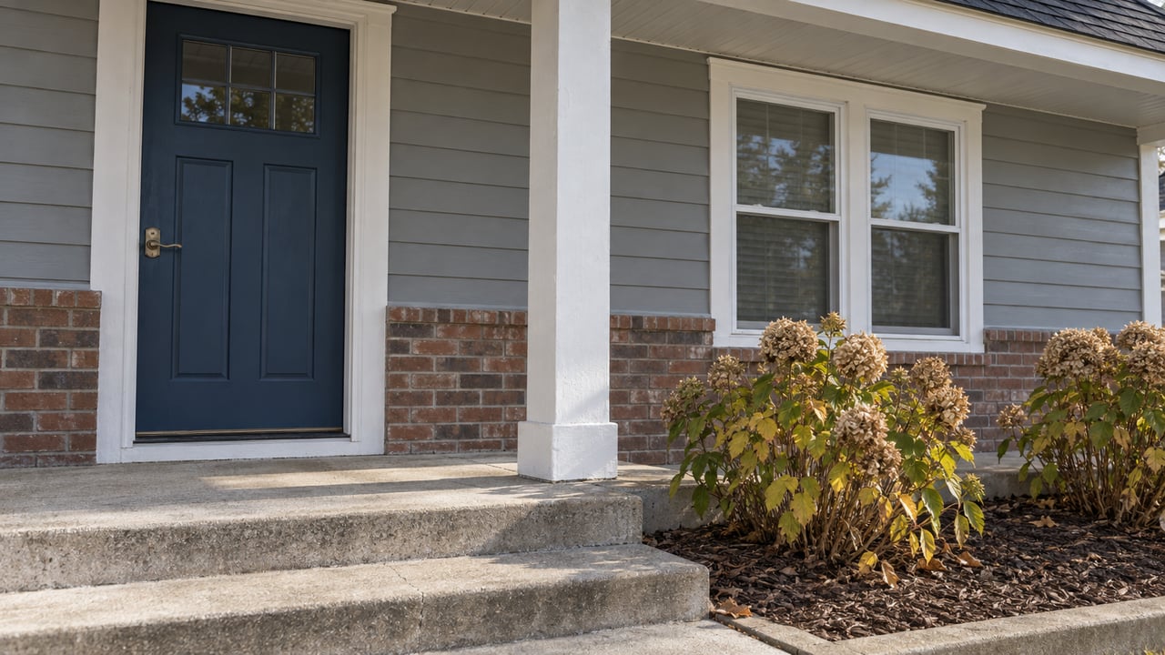 Covered home entry with gray lap siding, a blue door, brick wainscoting and concrete steps beside dried hydrangea flowers.