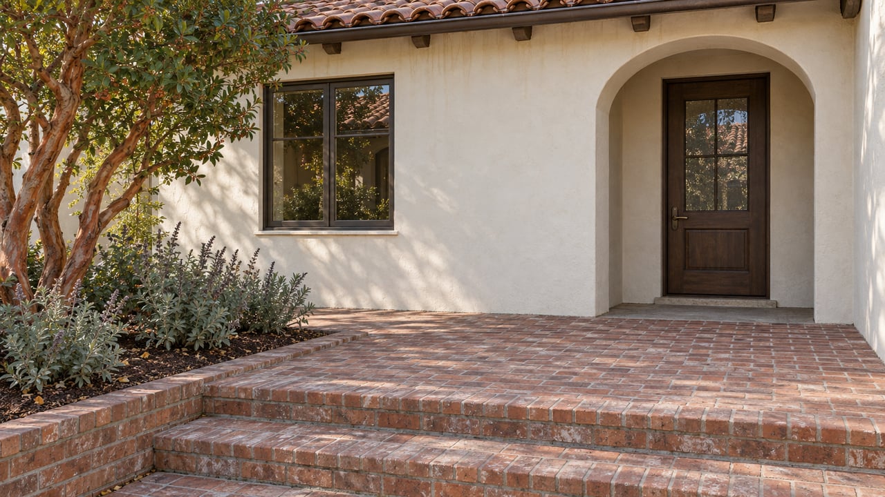 Ivory stucco home with a clay tile roof, recessed arched oak entry and weathered brick steps beside a strawberry tree and Cleveland sage.