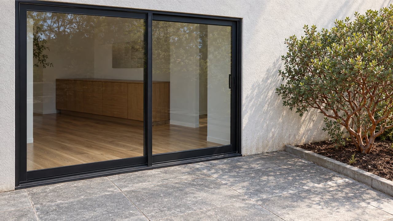 Stone terrace beside a warm-white stucco home, with closed black-framed glass doors and a sculptural manzanita in a raised-edge planting bed.