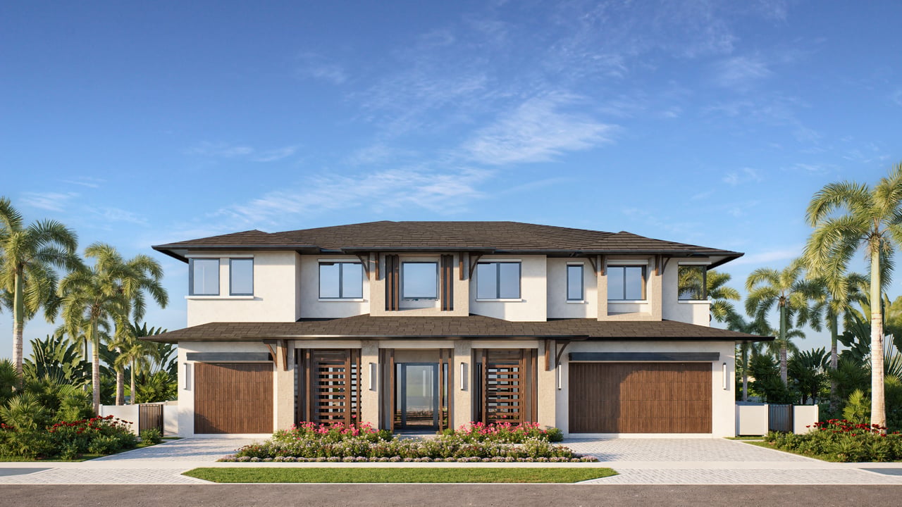 Two-story modern home with twin garages, dark wood accents, and palm trees.