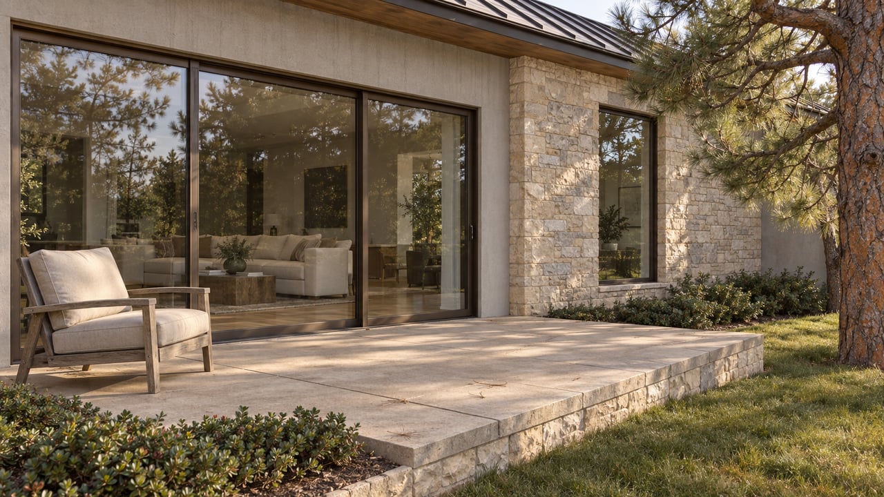 A stone and stucco home opens through closed glass doors onto a raised terrace with a cedar chair and a mature pine beside the lawn.