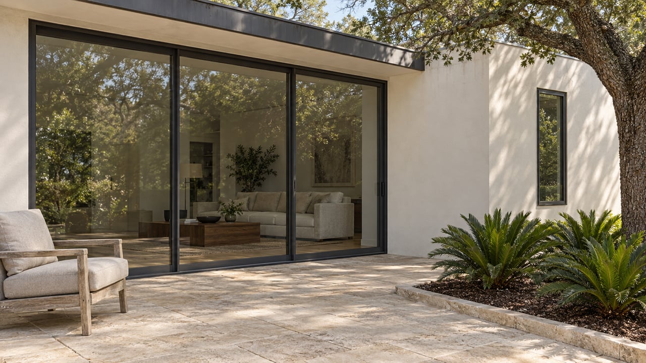 A contemporary stucco home opens onto a limestone terrace with a teak lounge chair and coontie planting beneath a mature live oak.