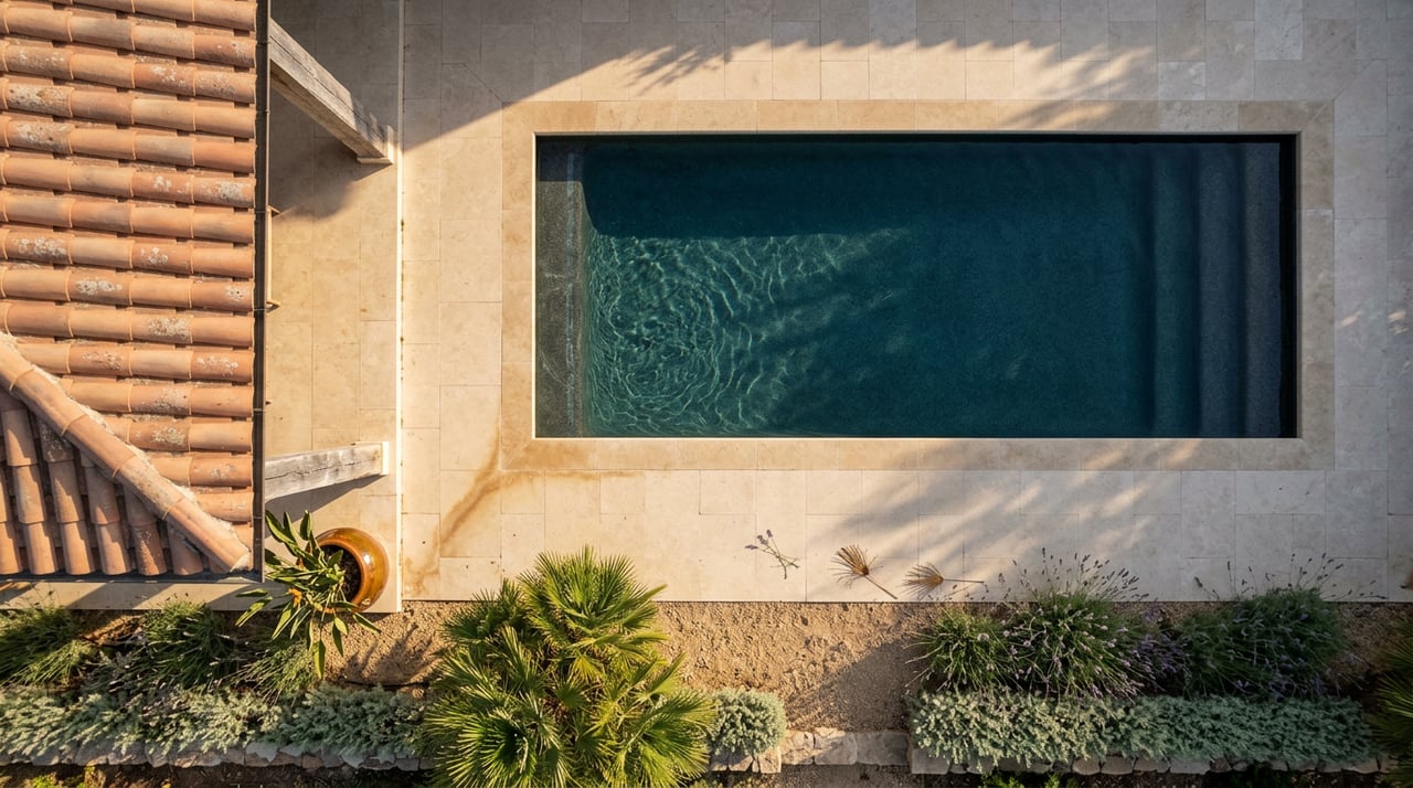 Overhead view of a dark teal pool bordered by travertine paving, a palm, lavender, and a terracotta-roofed loggia.