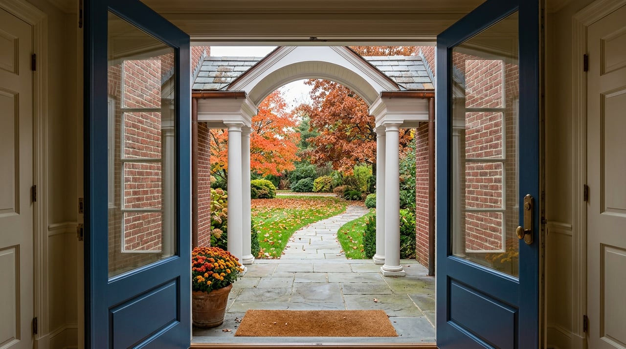 Open blue doors frame a brick home’s arched portico, curving bluestone walk, green lawn, and orange-red fall foliage.