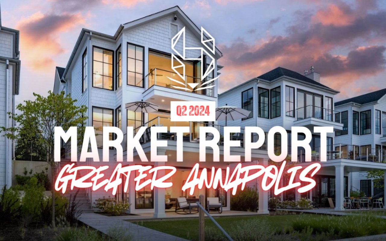 Greater Annapolis Q2 2024 market report cover over a modern home at dusk.