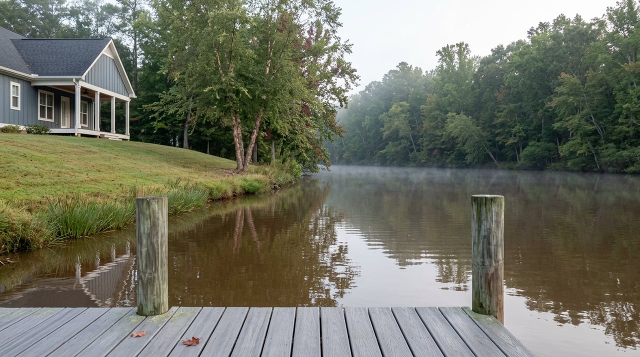 A weathered wooden dock overlooks a misty river, wooded shoreline, and slate-blue house.