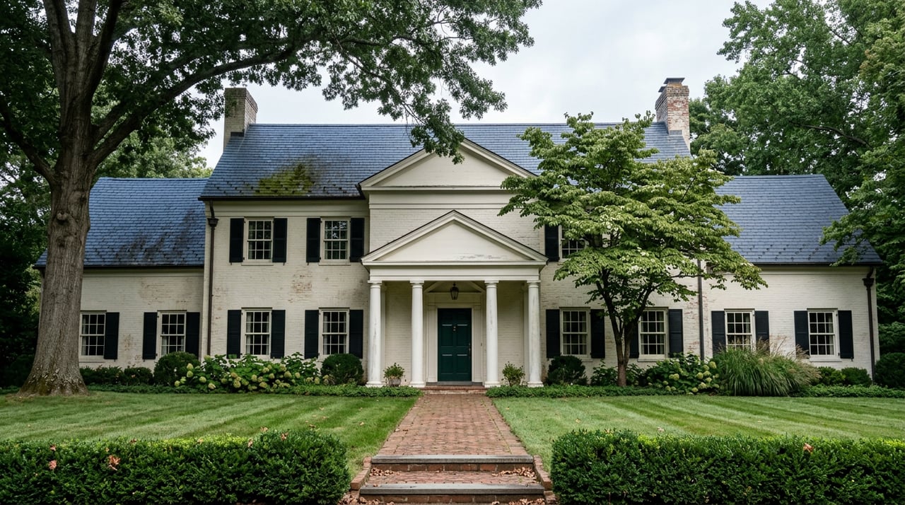 Georgian brick estate with a columned portico, dark slate roof, and herringbone walk across a deep lawn.