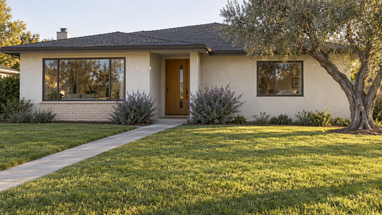 Single-story stucco house with a recessed oak entry, broad front lawn, diagonal walkway, and mature olive tree.