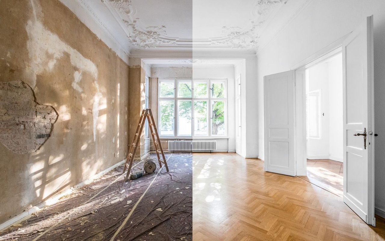 Living room shown before and after renovation, from exposed plaster and covered floors to bright walls and parquet.