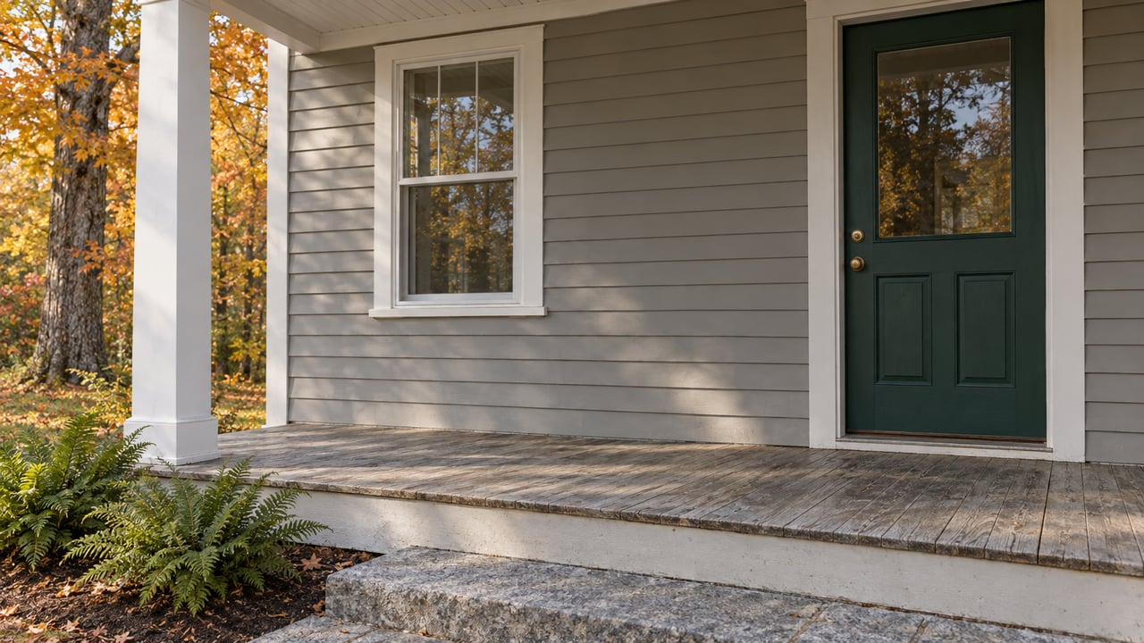 A weathered wood porch with a green glazed door, gray clapboard siding and amber maple foliage beside the steps.