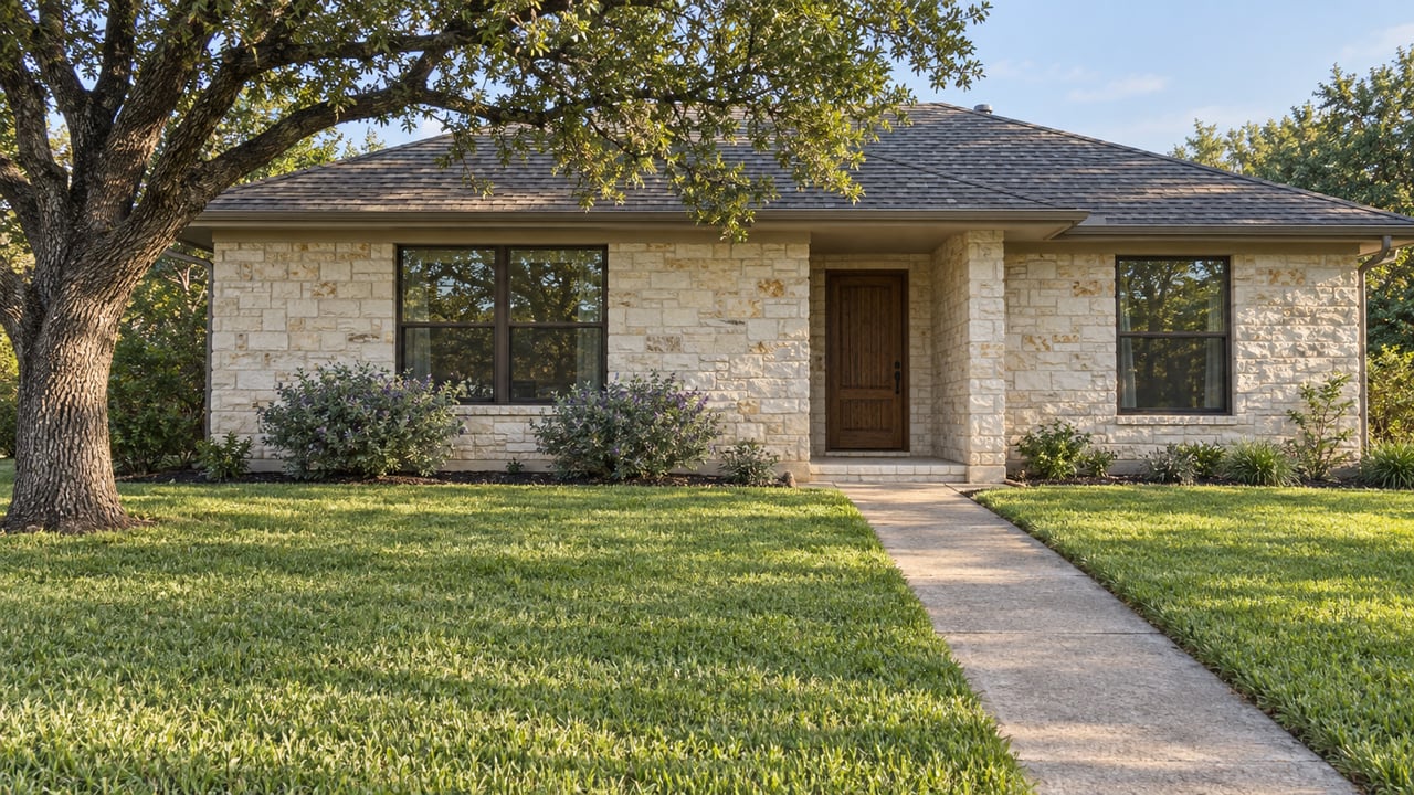 Single-story limestone home with a broad lawn, concrete walkway, and mature oak tree.