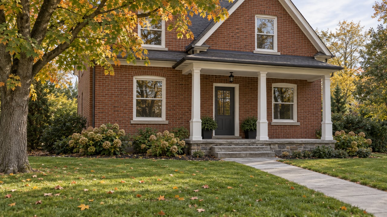 A red-brown brick home with a covered porch, white-trimmed windows and a deep lawn beneath an amber-leaved maple.
