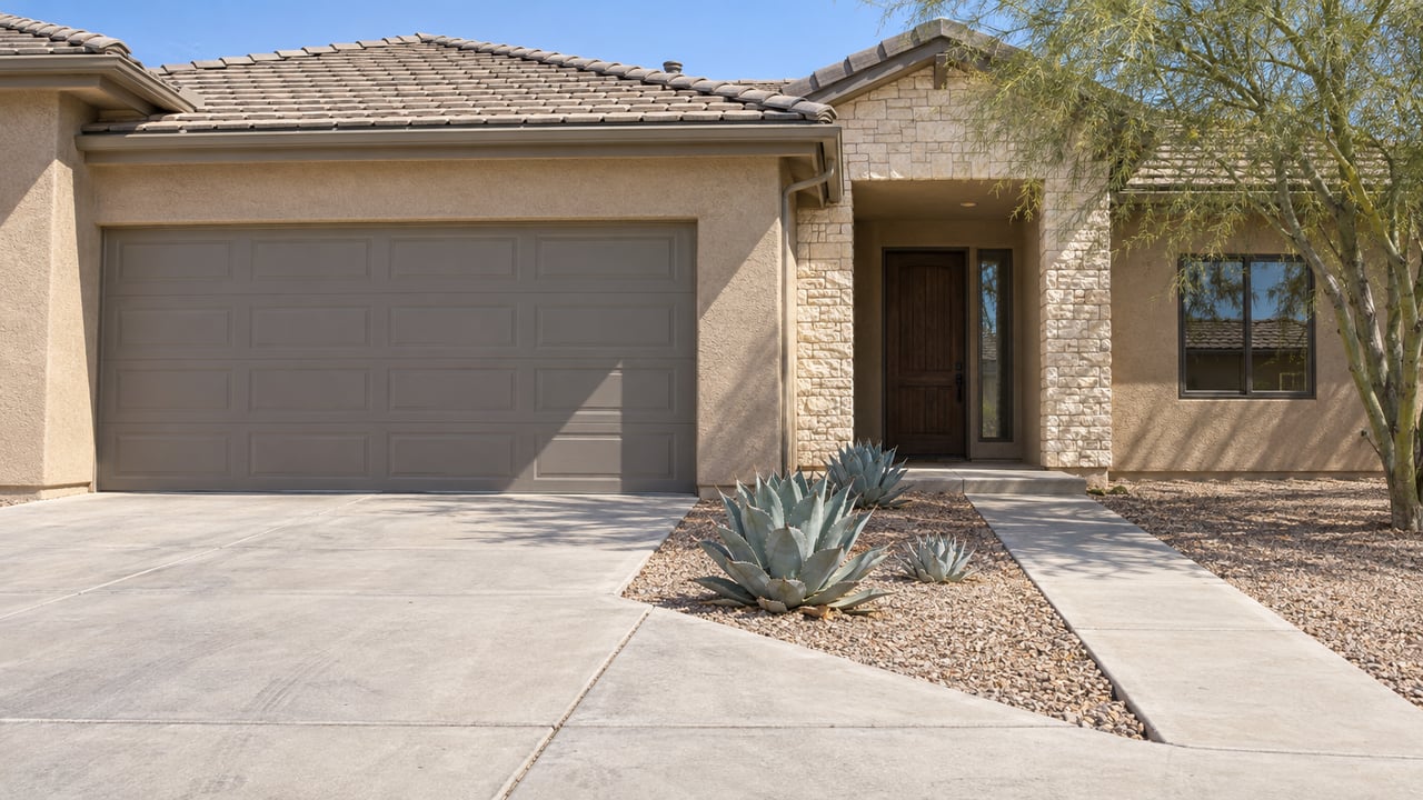 Sunlit stucco home with layered tile roof, limestone entry accents, a broad concrete driveway and sculptural desert planting.