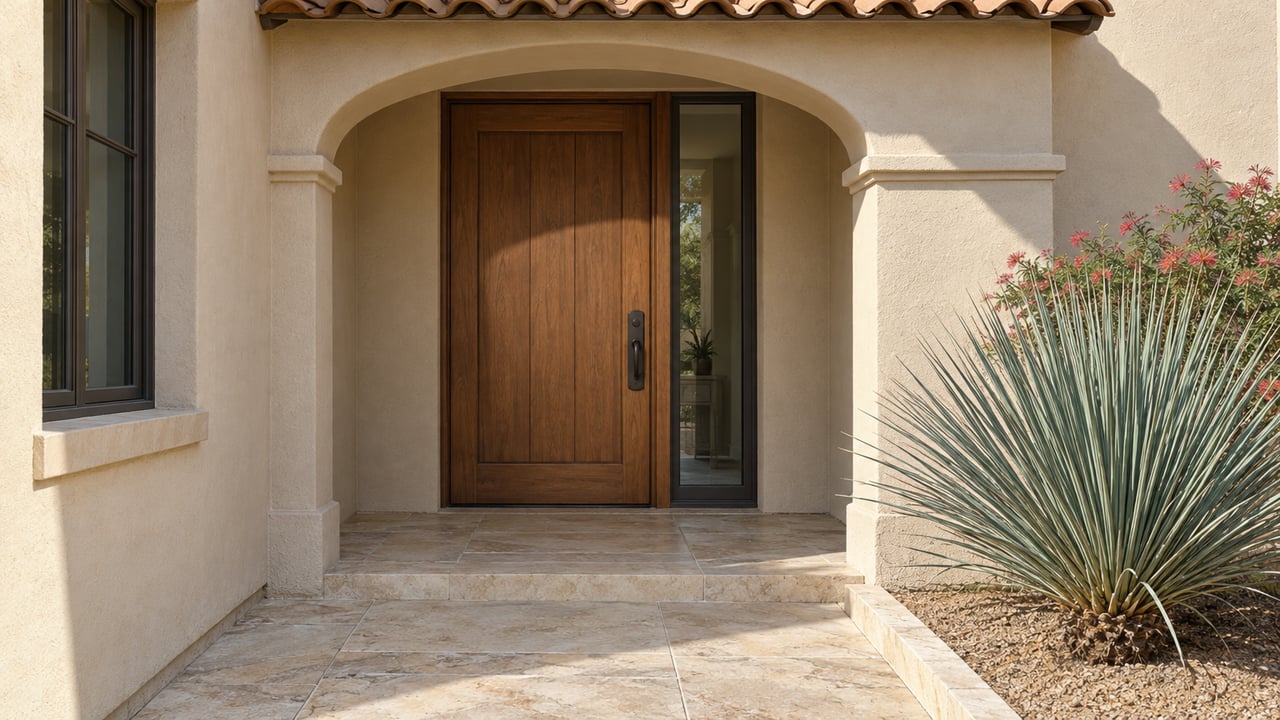Recessed oak front door beneath a stucco arch, with limestone pavers and a blue-gray desert plant.