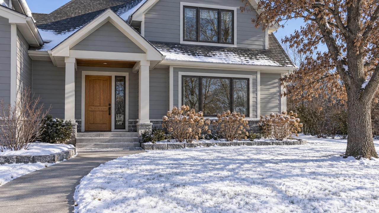 Snow-covered front lawn and cleared walk approaching a gray gabled house with an oak door and dried hydrangea flowers.