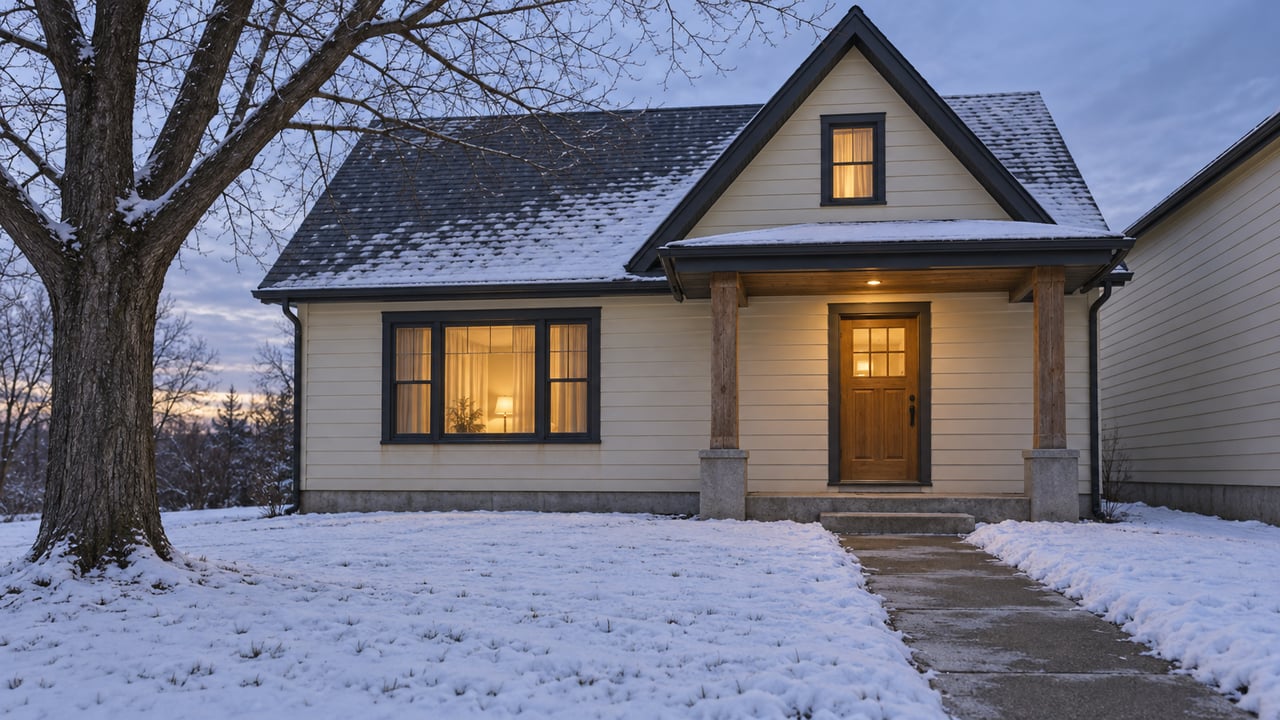 A modest steep-roofed home with cedar porch posts, softly lit windows and a snow-covered front yard at dusk.
