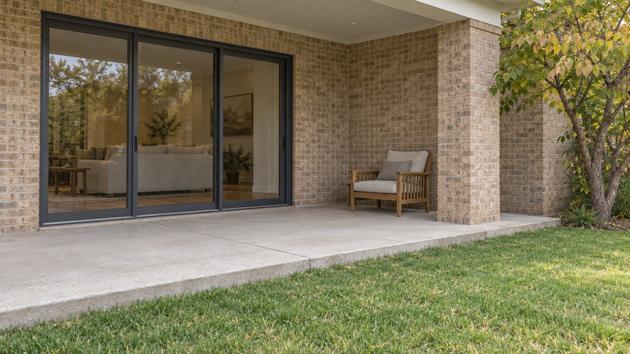 Covered brick terrace with closed charcoal-framed glass doors, a cedar chair and a redbud beside the lawn.
