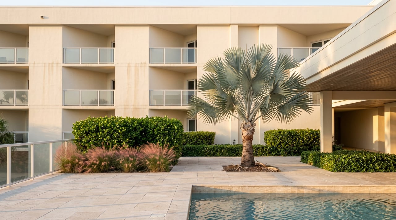 Condominium courtyard with a rectangular pool, silver-blue fan palm, clipped hedges, and glass-balcony tower.