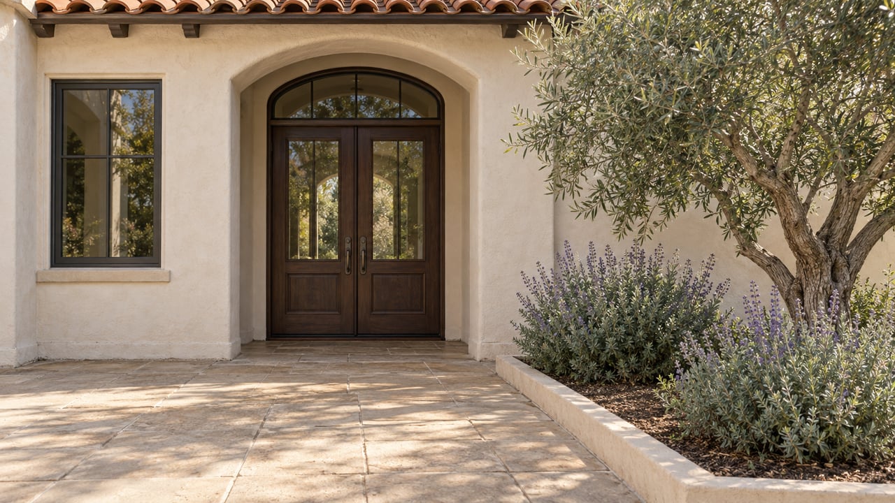 Stucco home entry with arched wood double doors, a stone walkway, and an olive tree beside flowering shrubs.