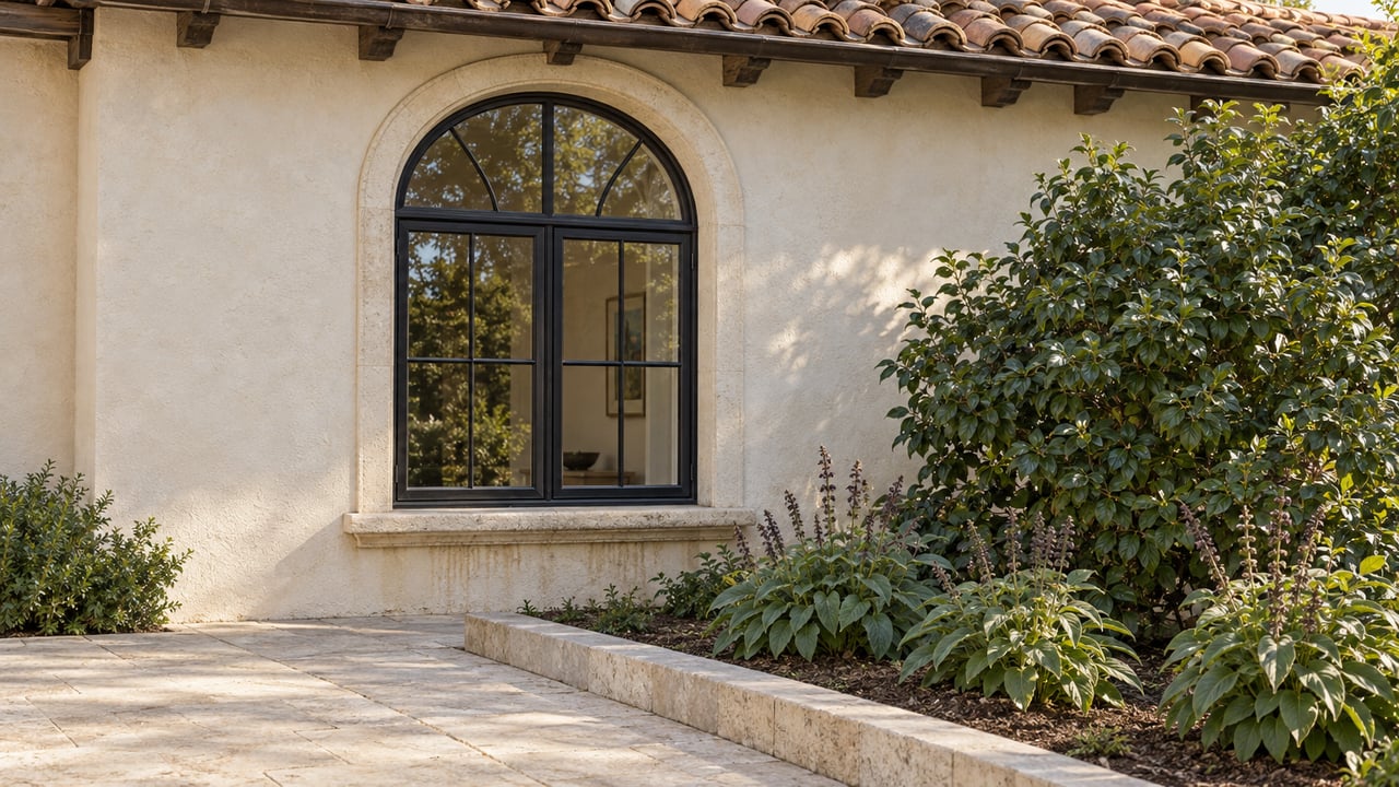 Arched black-framed window in an ivory stucco house above a limestone garden walk and a planted stone-edged bed.