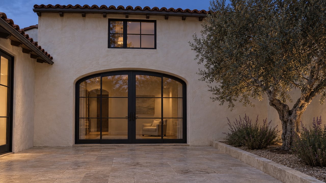 Twilight courtyard with warm-white stucco, clay roof tiles, arched glazed doors and a single olive tree beside a limestone terrace.