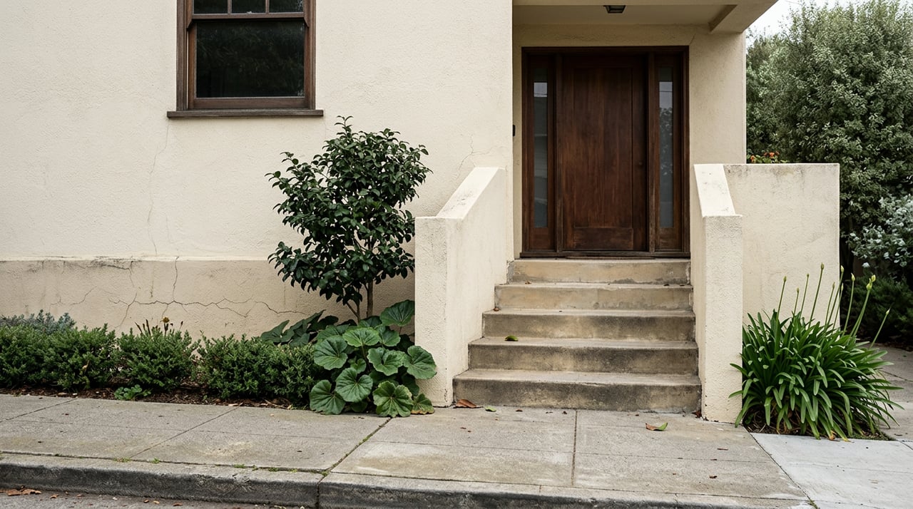 Stucco house entry with concrete steps, walnut door, glass sidelights, and a narrow planting strip.