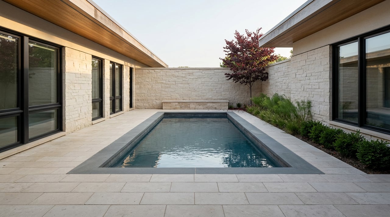 Overhead courtyard pool, limestone terrace, and redbud foliage above the far wall.