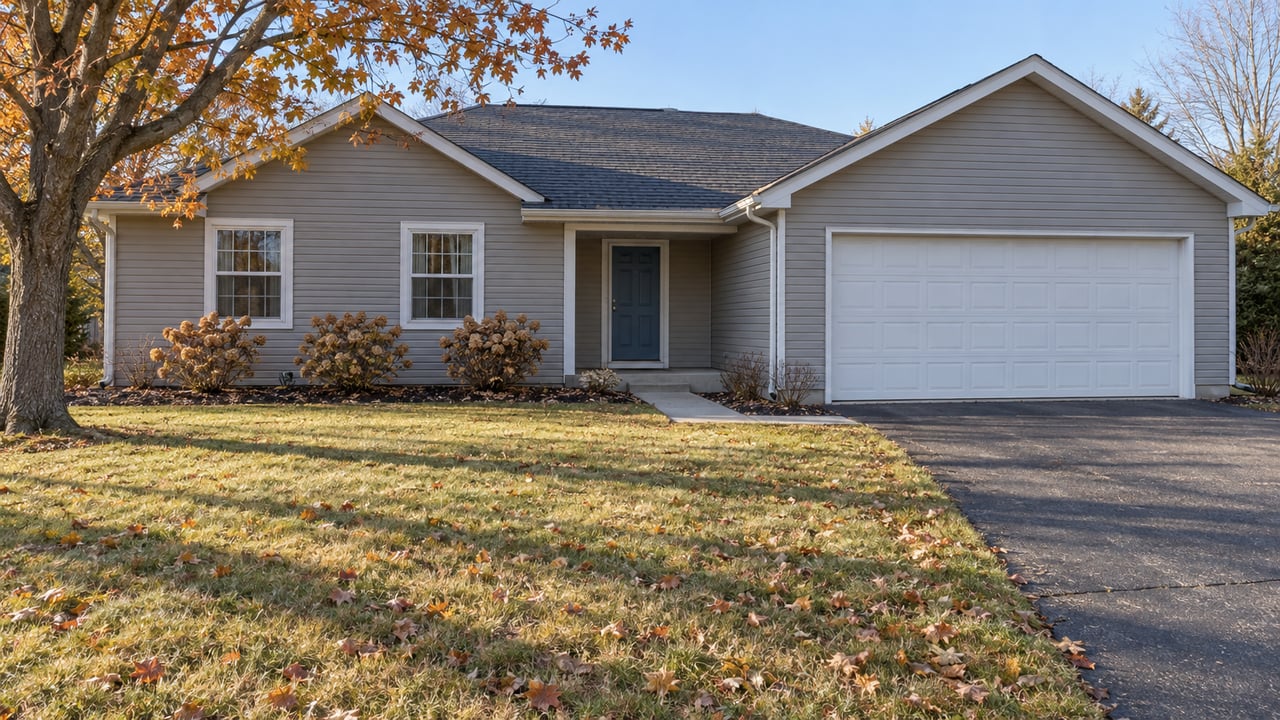 Gray gabled single-story home with an attached garage, broad autumn lawn, amber maple, and a swept concrete entry walk.