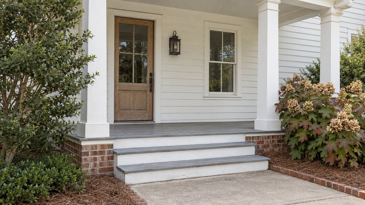 White clapboard cottage entry with a pale oak glazed door, gray porch steps, brick foundation, and carefully planted holly and oakleaf hydrangeas.