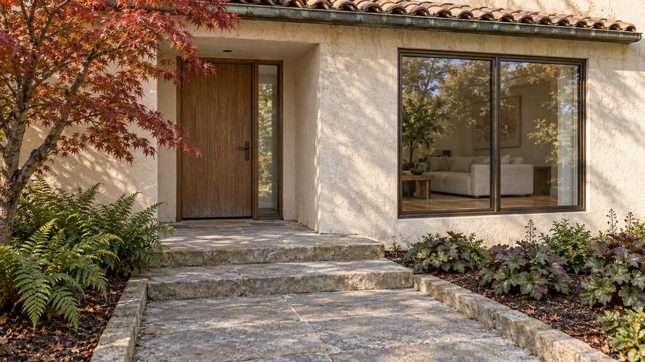 Warm stucco home with a recessed oak entrance, bronze-framed window, sandstone steps, and a red-orange Japanese maple.