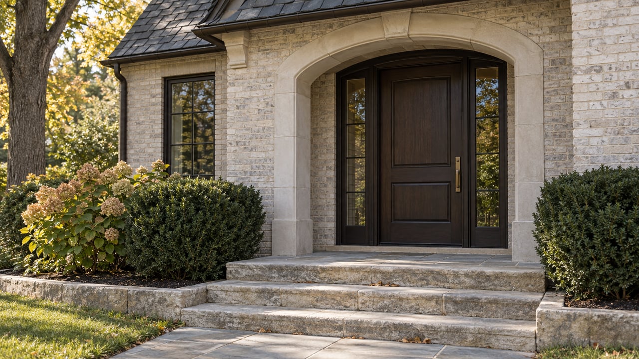 Recessed oak front door beneath a limestone arch, flanked by glazed sidelights and worn stone steps.