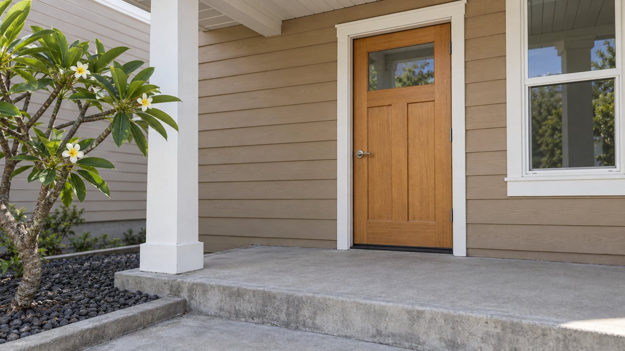 Tan-sided home entrance with a white porch post, light-wood door, concrete step and flowering plumeria.