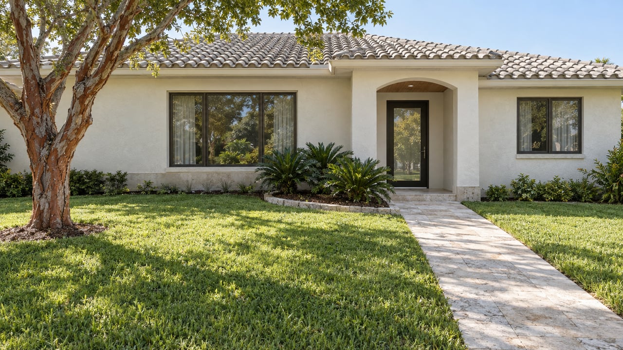 Low white stucco home beyond a deep lawn, with a limestone entry walk, bronze-framed windows, and a copper-barked specimen tree.