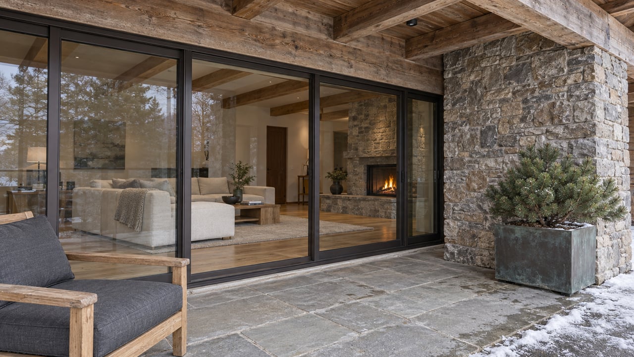 Covered condominium terrace with timber beams, gray stone chimney, closed bronze-framed glazing and a small pine in a bronze planter.