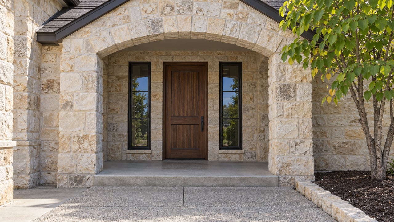 Close view of a limestone home's arched porch, walnut front door, paired dark-framed windows and concrete approach beside a redbud tree.