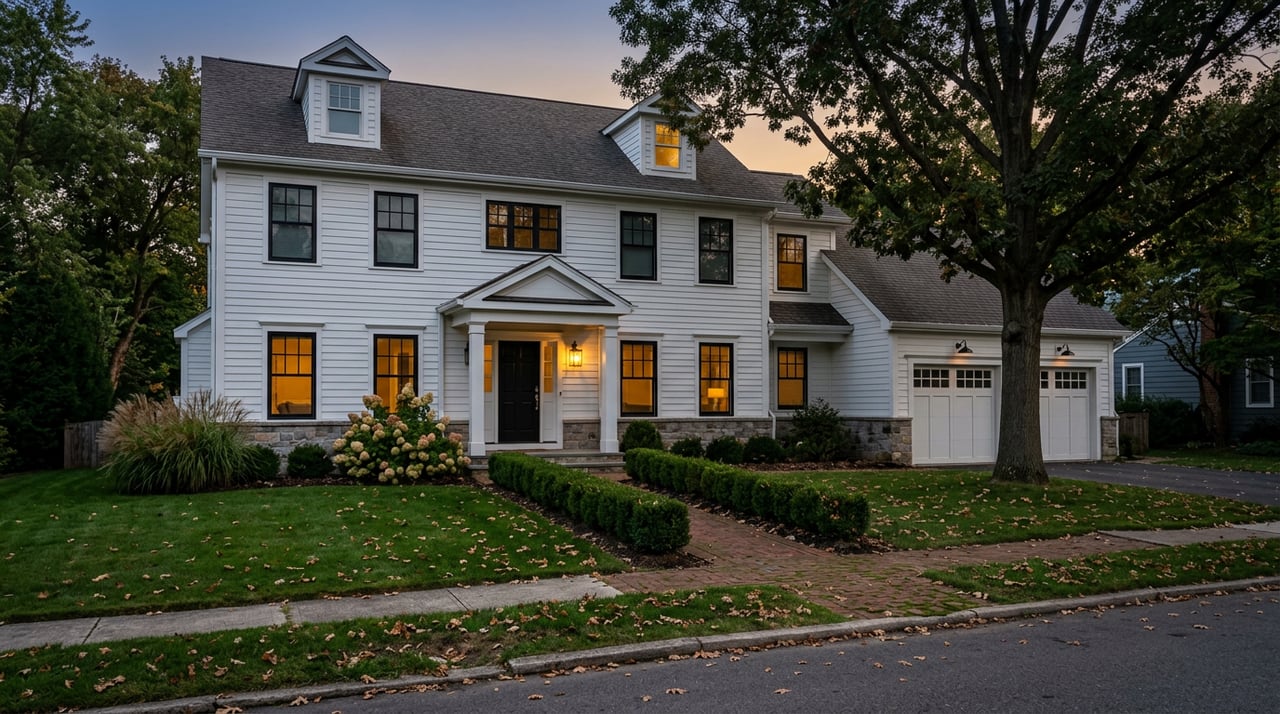 White neo-Colonial house glowing at dusk, with a broad oak canopy and brick walk edged by clipped hedges.
