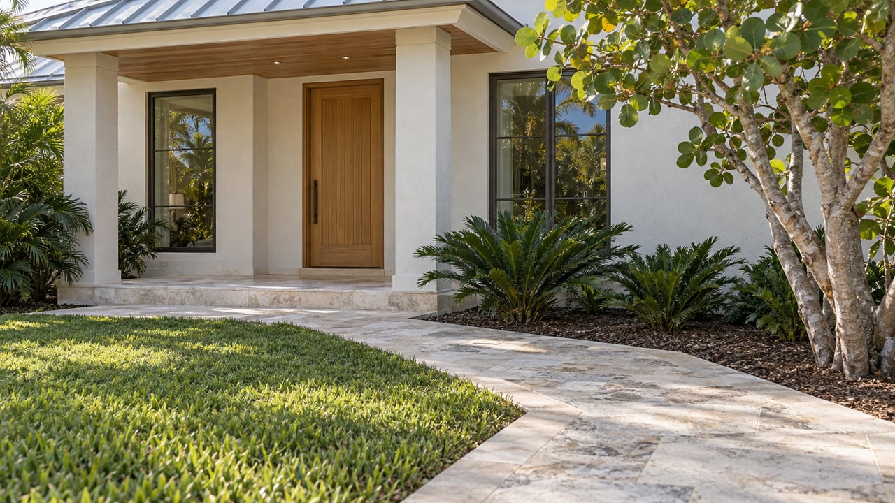 White stucco home with a timber entrance, limestone garden walk and sculptural sea grape tree.