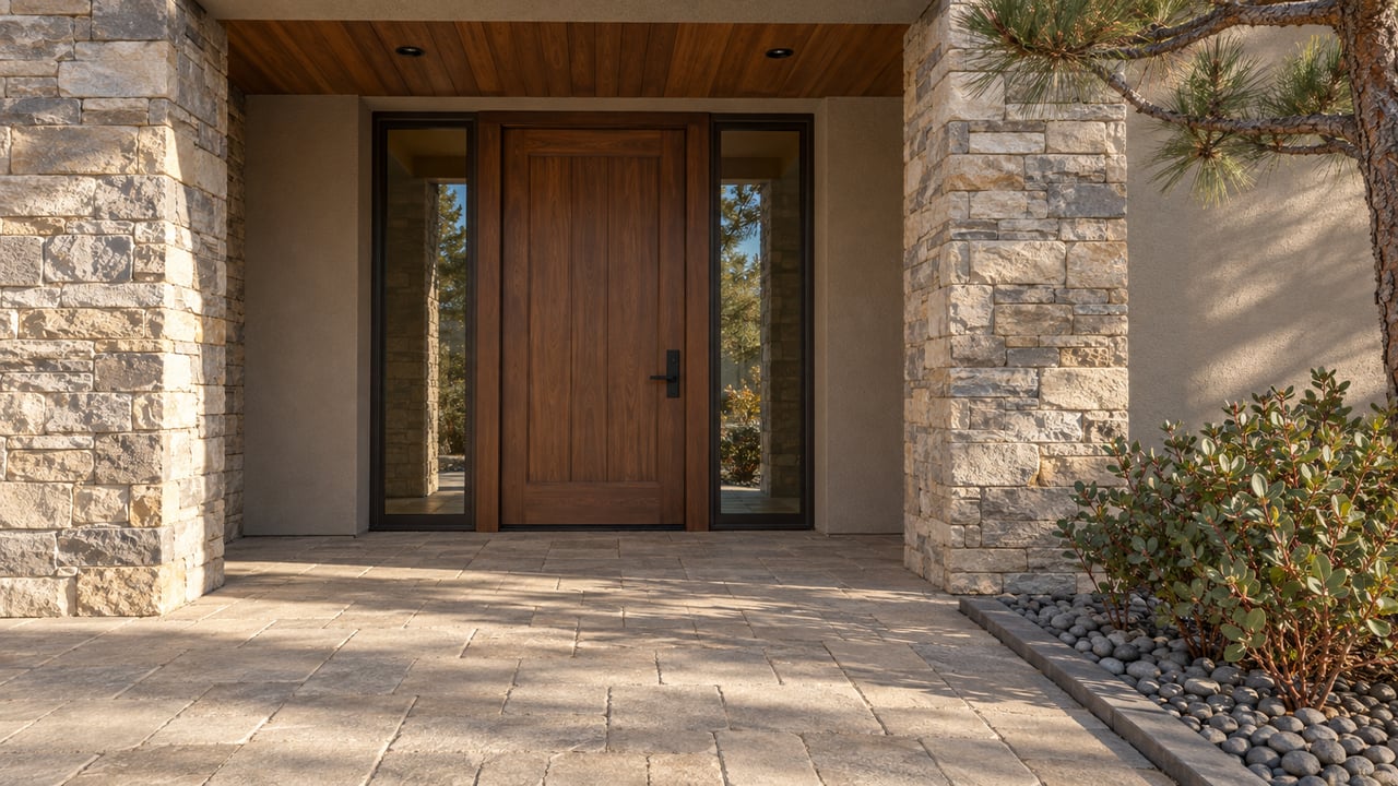 Recessed wood front door with matching glass sidelights, stone portal piers and a paver approach beside a small manzanita and pine.