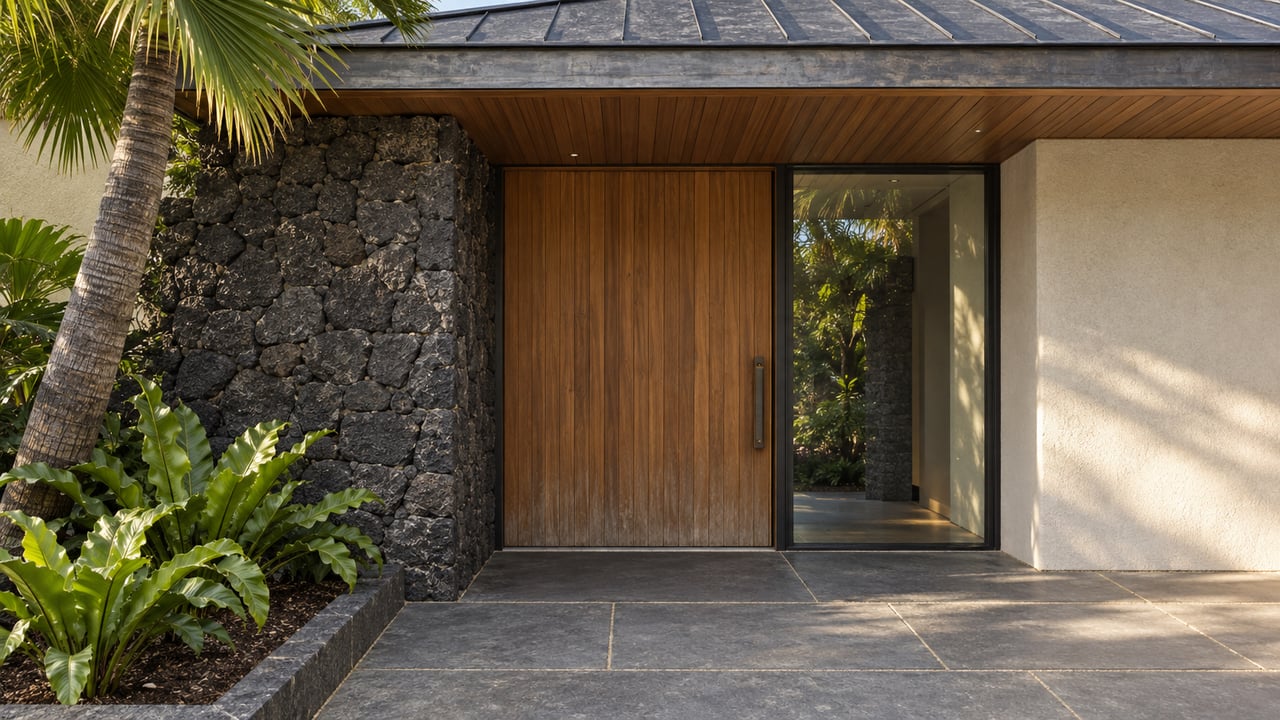 Covered home entry with a teak pivot door, dark basalt walls, broad timber eaves and a fan palm beside a stone approach.