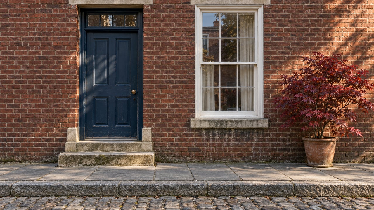 Red-brick townhouse entrance with a blue timber door, limestone steps, a white sash window and stone sidewalk.
