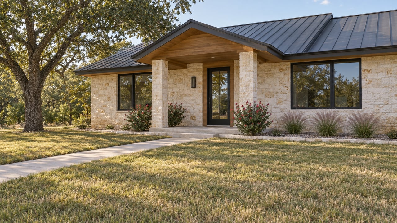 Pale limestone single-story home with a charcoal metal roof, shaded wood-soffit porch, black-framed windows, and a broad lawn beside a mature spreading oak.