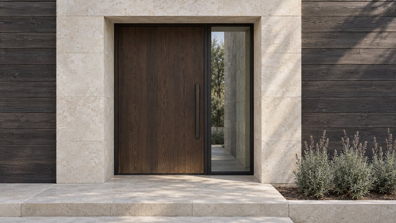 Pale limestone entry portal surrounding a dark oak door and narrow glass sidelight, with flowering sage beside the raised stone landing.