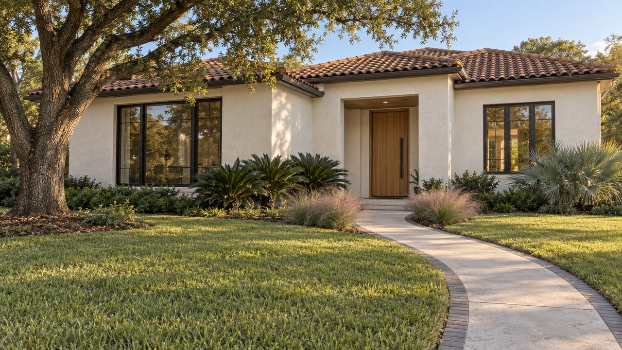 Off-white stucco home with a terracotta tile roof, recessed oak door, curved walk, and mature oak tree.