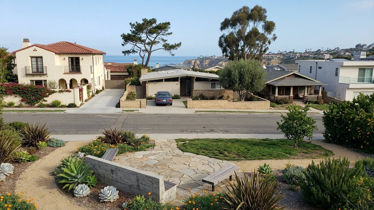 Coastal neighborhood homes across a landscaped garden, with the ocean visible beyond.