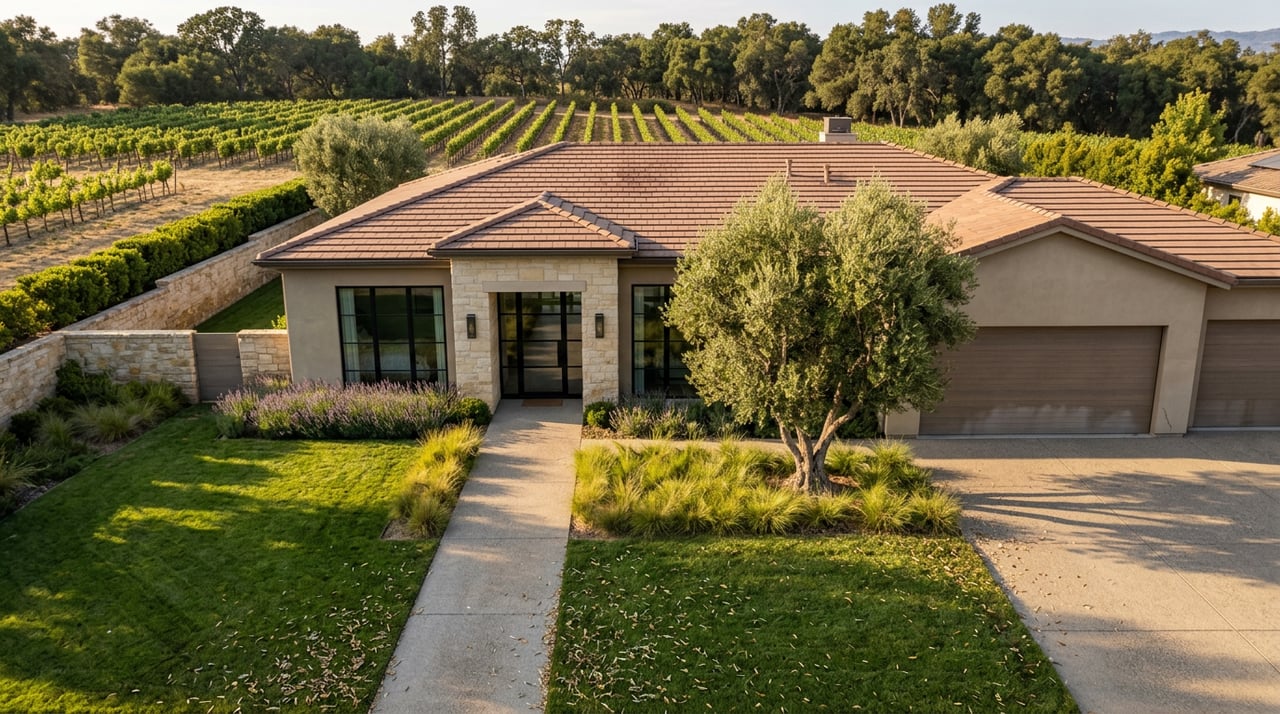 Contemporary stucco home with an olive tree by the entry and vineyard rows beyond a low stone wall.