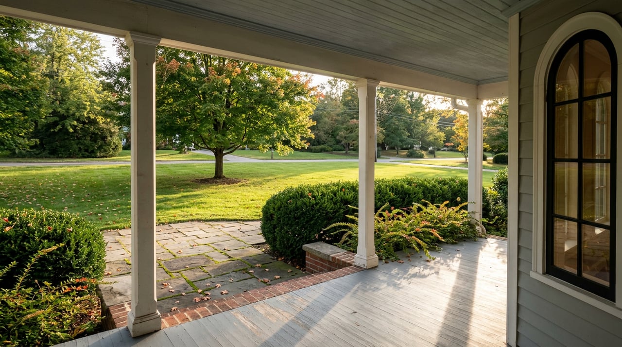 Porch columns frame a stone walkway leading across sunlit lawn to a maple tree.