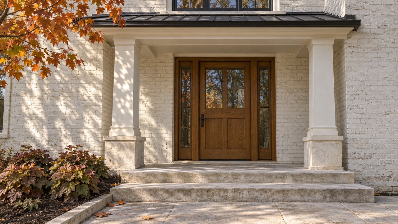 White-painted brick home entrance with paired square columns, an oak door and sidelights, worn limestone steps and copper-colored maple leaves.